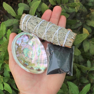 Mini Smudge Kit: Abalone Shell, Blue Sage Smudge Stick, Pack of Black Salt (for Protection) PLUS Smudging Guide! (Sage Bundle)