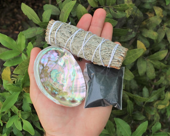 Mini Smudge Kit: Abalone Shell, Blue Sage Smudge Stick, Pack of Black Salt (for Protection) PLUS Smudging Guide! (Sage Bundle)