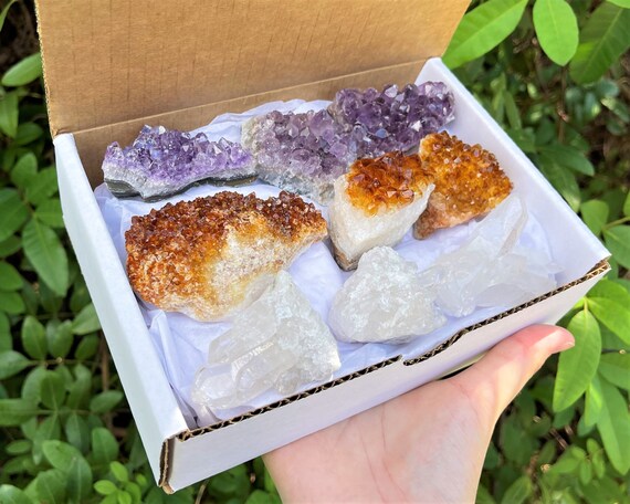 Amethyst Citrine & Clear Quartz Crystal Cluster Collection Box: 9 - 12 Piece Wholesale Bulk Lot (Amethyst Citrine and Crystal Cluster Flat)