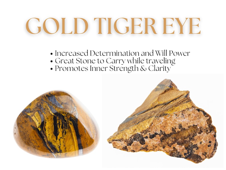 Pode incluir: Duas pe&ccedil;as de olho de tigre dourado, uma polida e outra bruta, com listras marrons, douradas e pretas.  Aumento da determina&ccedil;&atilde;o e da for&ccedil;a de vontade. &Oacute;tima pedra para carregar durante viagens. Promove a for&ccedil;a interior e a clareza.