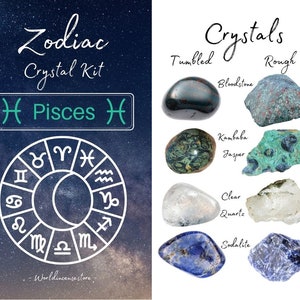 K&ouml;nnte beinhalten: Zodiac-Kristallset f&uuml;r Fische. Das Set enth&auml;lt geschliffene und rohe Kristalle: Blutstein, Kambaba-Jaspis, klarer Quarz und Sodalith.