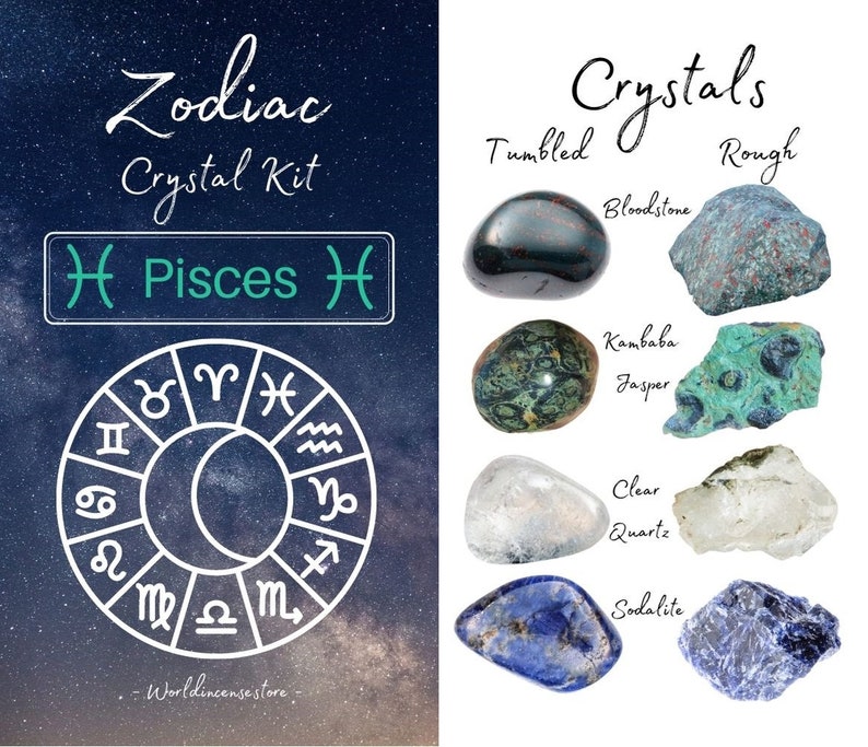 K&ouml;nnte beinhalten: Zodiac-Kristallset f&uuml;r Fische. Das Set enth&auml;lt geschliffene und rohe Kristalle: Blutstein, Kambaba-Jaspis, klarer Quarz und Sodalith.