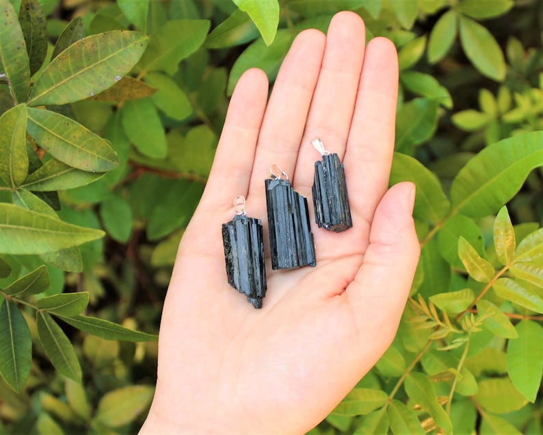 May include: Three black tourmaline pendants with silver-colored bails are displayed against a backdrop of green foliage. The raw, natural crystals vary slightly in size and shape, showcasing their unique textures and dark color.