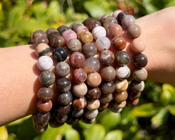 Petrified Wood Bead Bracelet: 8 mm Round Crystals (Premium Grade Stretch Gemstone Bracelet)