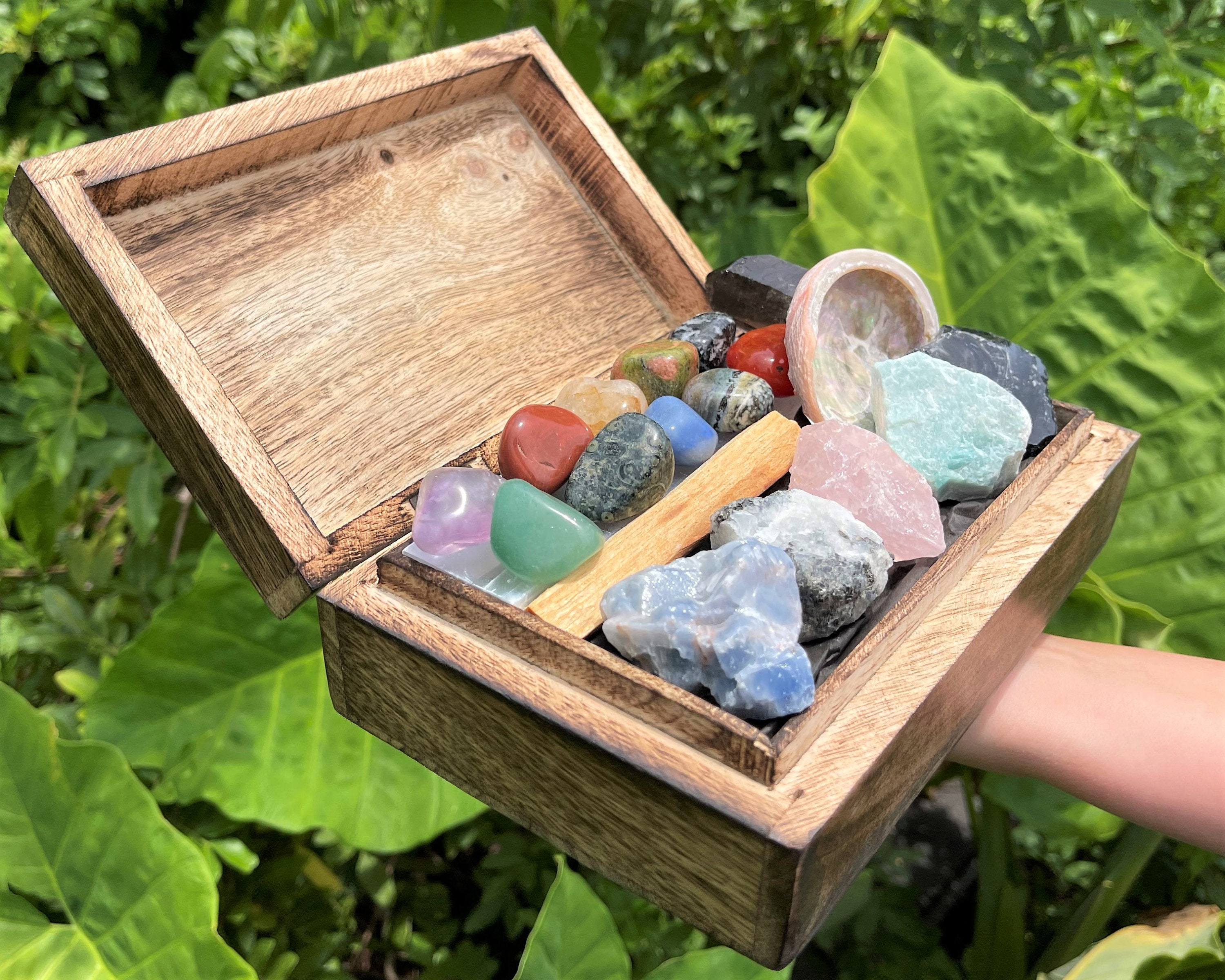 Crystal Box with Quartz Point, Pyrite, and Selenite Tiles