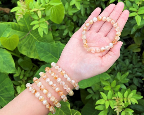 Citrine with Quartz Bead Bracelet: 6 mm or 8 mm Round Crystals ('AAA' Grade Premium Quality Citrine Bracelet, Gemstone Stretch Bracelet)