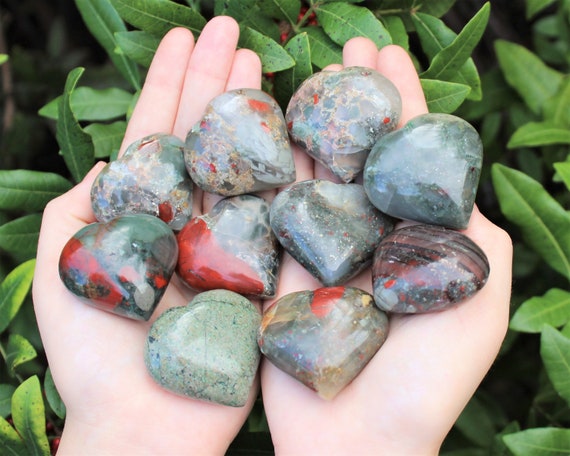 Bloodstone Heart Stone: LARGE 1.5" (Crystal Heart, Carved Gemstone Heart, Pocket Heart, Puffed Heart, Stone Heart)