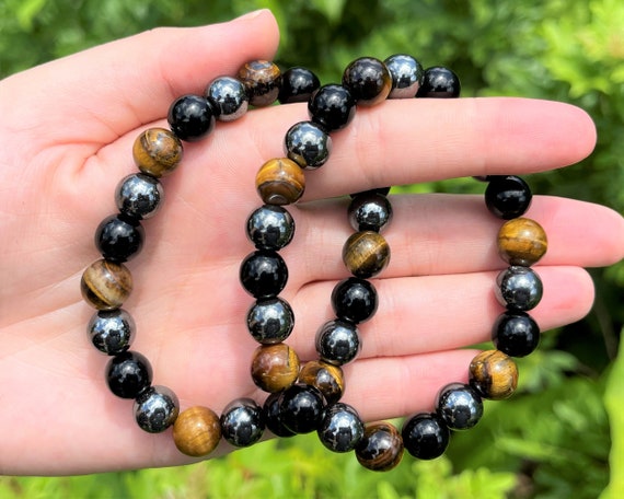 Triple Protection Bracelet 10 mm Round Protection Crystals: Tiger Eye, Black Obsidian, & Hematite (Stretch Bracelet, Gemstone Bracelet)
