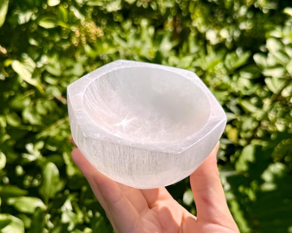 Selenite Hexagon Crystal Bowl, Large 4” Charging Bowl - Decorative Stone Bowls for Altar Decor