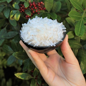 May include: A small black bowl filled with clear, white, crystal-like pieces. The bowl is being held in someone's hand.