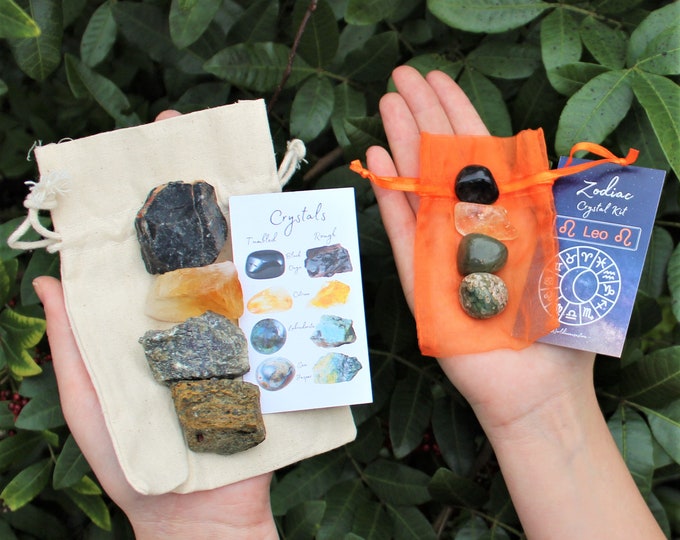 Leo Zodiac Crystal Kit, 4 Birthstones in an Organza Pouch - Choose Rough or Tumbled Stones