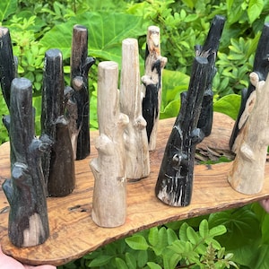 May include: A collection of upright, cylindrical petrified wood specimens in shades of black, charcoal, and light beige. Each piece features a smooth, polished surface with visible natural wood grain patterns, knots, and branch-like protrusions.