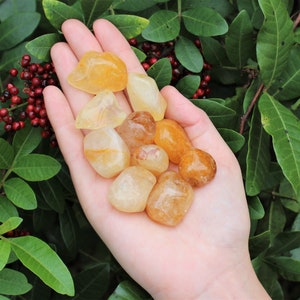 May include: A collection of tumbled citrine stones in various shades of yellow and orange. The stones are smooth and polished, with a natural, earthy look.