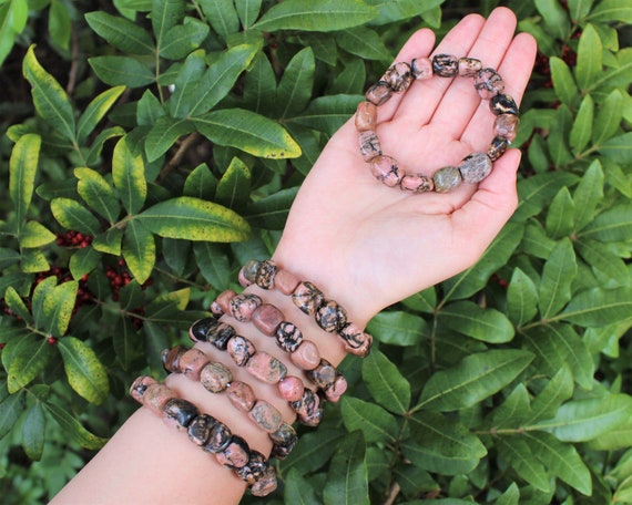 Rhodonite Tumbled Gemstone Bracelet: 6-8 mm Stones (Premium Grade Stretch Nugget Bracelet)