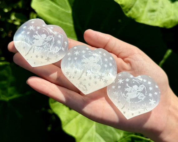 Selenite Heart Crystal With Fairy Engraving, Large 2" Puffed Heart - Choose How Many (Polished Selenite Heart, Etched Fairy Crystal)