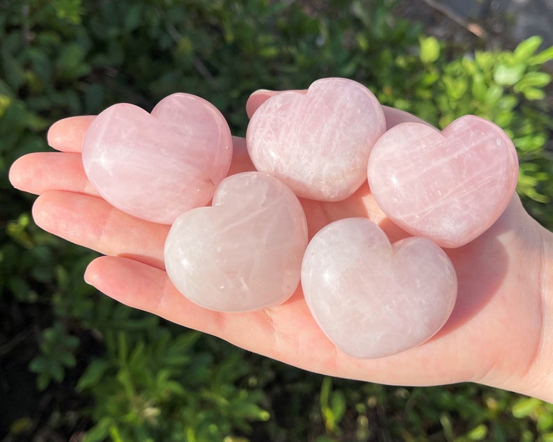 LARGE Rose Quartz Heart Crystal, 1.5 1.75 Crystal Heart, Gemstone Heart, Palm Stone, Rose Quartz Crystal, Polished Rose Quartz 5 Hearts