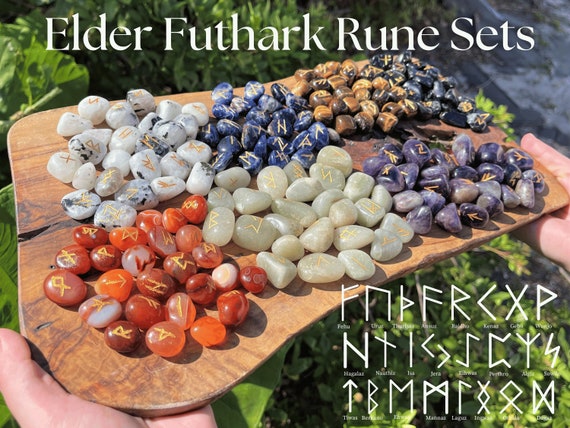 Crystal Rune Stone Set with Velvet Storage Pouch - Choose Your Gemstone! (Set of 25 Elder Futhark Runes)