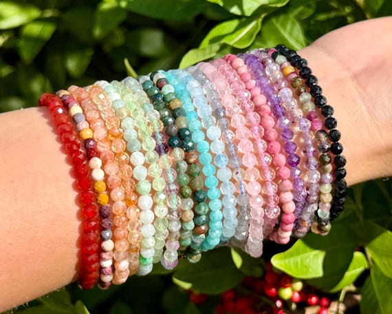 Tiny 4mm Faceted Gemstone Bead Bracelets - BUY 3 GET 1 FREE - Minimalist Crystal Jewelry