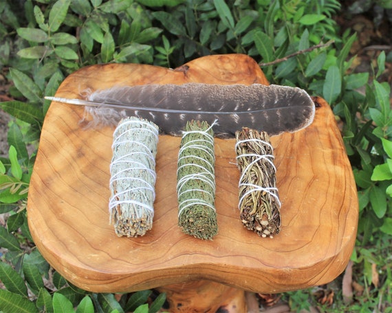 Sage Bundle - Blue, Cedar & Yerba Sage: 3 Smudge Stick Sampler Set PLUS Smudging Feather (House Cleansing)