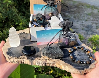 Protection Crystal Gift Box - Bracelet, Palm Stone, Selenite Tower, Tumbled Stones & Rough Gemstones