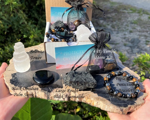 Protection Crystal Box - Bracelet, Palm Stone, Selenite Tower, Tumble and Rough Stones Combo Box (CRAZY VALUE, Triple Protection Bracelet)