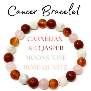 Cancer Zodiac Bracelet - Carnelian, Red Jasper, Moonstone & Rose Quartz 8 mm Round Cancer Crystal Beads (Cancer Birthstone Bracelet)