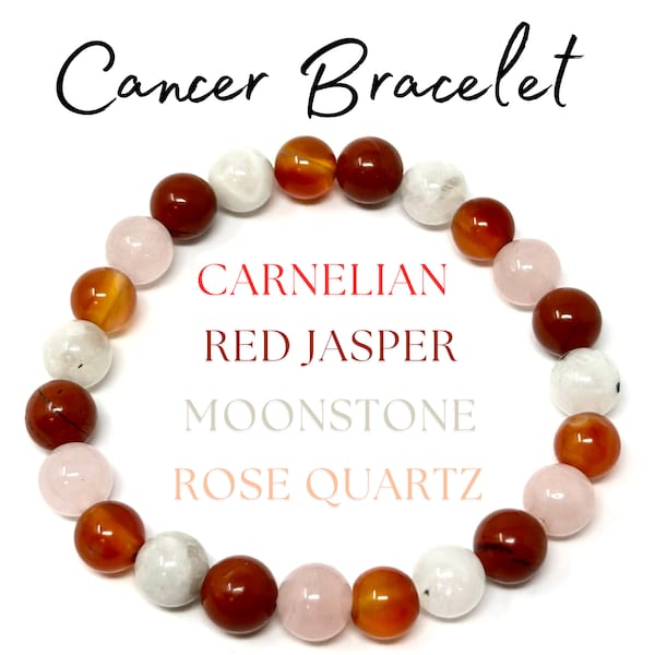 Cancer Zodiac Bracelet - Carnelian, Red Jasper, Moonstone & Rose Quartz 8 mm Round Cancer Crystal Beads (Cancer Birthstone Bracelet)