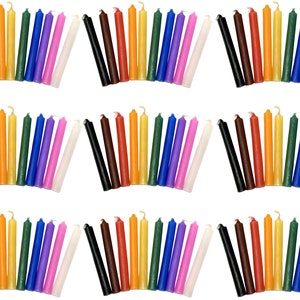 May include: A set of 36 small, thin, colored candles. The candles are arranged in rows of 12, with each row containing a different color. The colors are red, orange, yellow, green, blue, purple, pink, white, black, brown, and two shades of yellow.