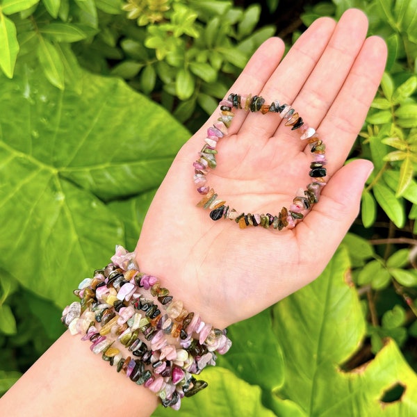 Rainbow Tourmaline Chip Bracelet (Mixed Tourmaline Crystal Bracelet, Premium Grade Chip Bracelet, Watermelon Tourmaline Chips)