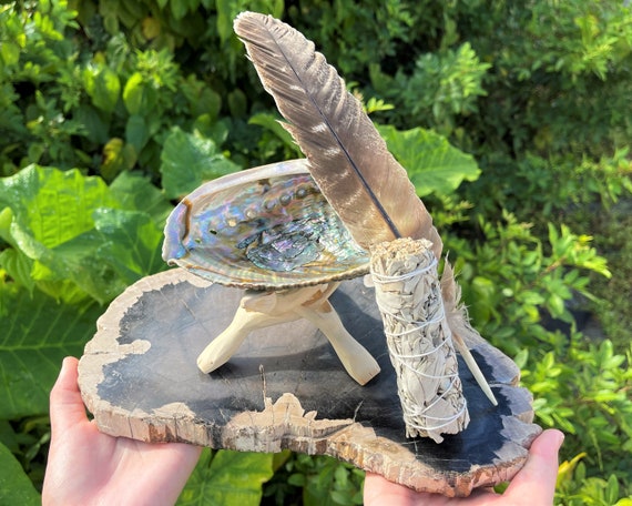 LARGE White Sage Smudge Abalone Kit: 5 - 6" Abalone Shell, White Sage Smudge Stick, Feather, Stand & Smudging Directions (House Cleansing)