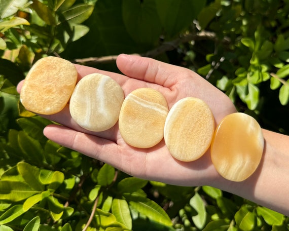 Orange Calcite Palm Stone: Medium Size, Stone Shape Oval (Smooth Polished Orange Calcite Worry Stone, Orange Calcite Gemstone)