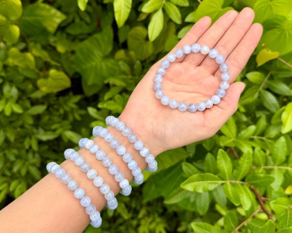 Blue Lace Agate Bead Bracelet: 8 mm Round Crystals (Natural Blue Lace Agate Crystal Bracelet, Premium Grade Stretch Gemstone Bracelet)