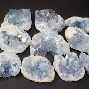 May include: A collection of ten blue celestite crystal clusters. The crystals are translucent and have a variety of shapes and sizes. The clusters are arranged in a random pattern on a black background.