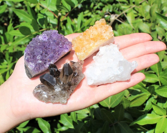 4 Piece Lot: Smoky Quartz, Citrine, Amethyst & Clear Quartz Crystal Clusters ('A' Grade Premium Quality Crystal Cluster Set)