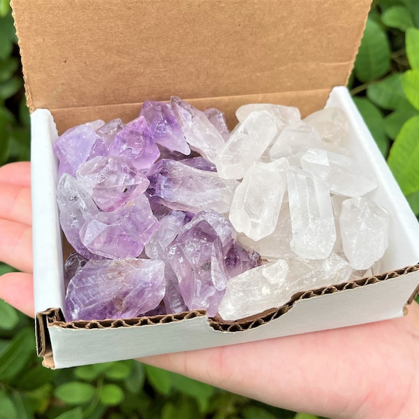Amethyst & Clear Quartz Points Gift Box: 1/2 Lb Crystal Collection (8 oz, Natural Points)