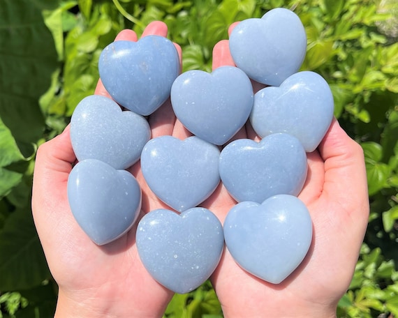 LARGE Angelite Heart Crystal, 1.75" ('A' Grade Crystal Heart, Carved Puffed Gemstone Heart, Crystal Healing)