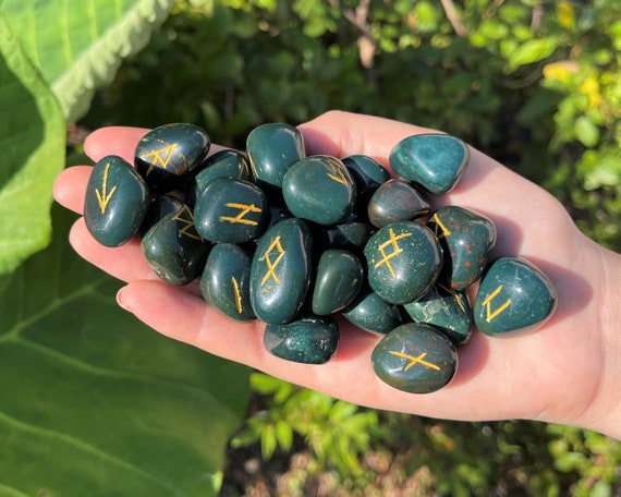 Bloodstone Rune Stone Set with Velvet Storage Pouch (Set of 25 Elder Futhark Runes)