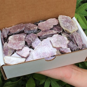 Lepidolite Slab Box: 1 lb Slab Box Lot Assorted Sizes (Lepidolite Flat Books, Lepidolite Slice, Layered Lepidolite, Rough Lepidolite Leaves)
