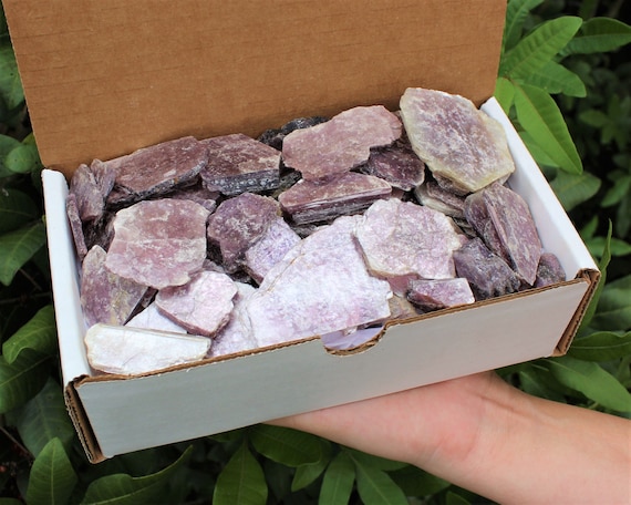 Lepidolite Slab Box: 1 lb Slab Box Lot Assorted Sizes (Lepidolite Flat Books, Lepidolite Slice, Layered Lepidolite, Rough Lepidolite Leaves)