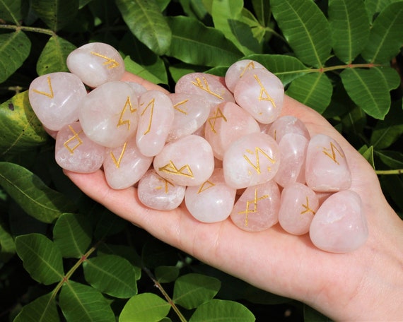 Rose Quartz Rune Stone Set with Velvet Storage Pouch (Set of 25 Elder Futhark Runes)