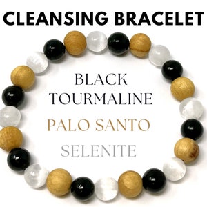 Cleansing Bracelet: Selenite, Black Tourmaline, & Palo Santo 8 mm Round Purifying Crystals (Stretch Bracelet, Gemstone Bracelet, Gift)