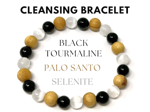 Cleansing Bracelet: Selenite, Black Tourmaline, & Palo Santo 8 mm Round Purifying Crystals (Stretch Bracelet, Gemstone Bracelet, Gift)