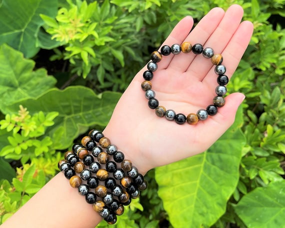 Triple Protection Bracelet - 10mm Crystal Beads - Tiger Eye, Black Obsidian, & Hematite Gemstone Jewelry