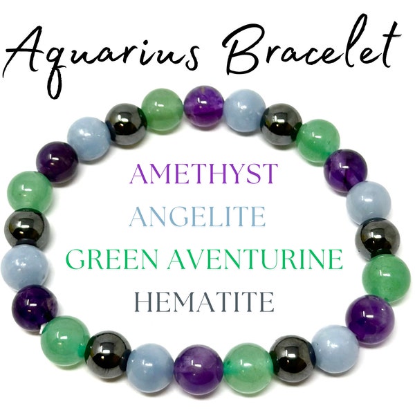 Aquarius Zodiac Bracelet - Amethyst, Angelite, Hematite, & Green Aventurine 8 mm Round Aquarius Crystal Beads (Aquarius Birthstone Bracelet)