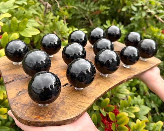 Black Tourmaline Crystal Sphere with Stand, Large 1.5 - 2" Spheres ('A' Grade Natural Tourmaline Sphere From Madagascar)