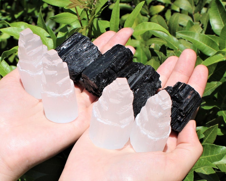 4 Selenite Towers & 4 Extra Grade Black Tourmaline Logs - Full Home Protection Crystal Kit image 8