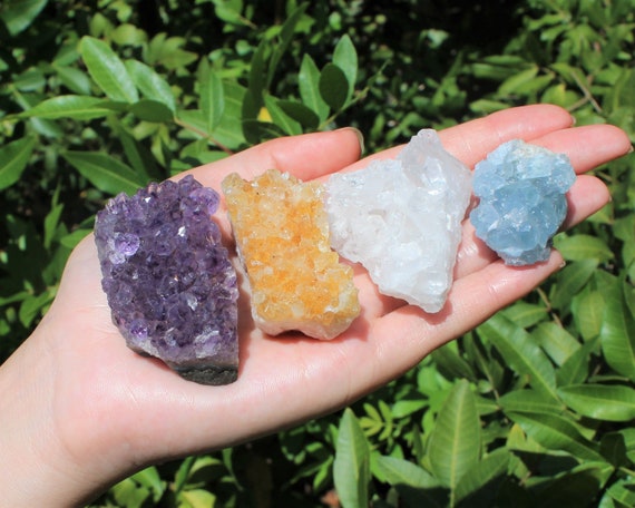 4 Piece Lot: Celestite, Citrine, Amethyst & Clear Quartz Crystal Clusters ('A' Grade Premium Quality Crystal Cluster Set)