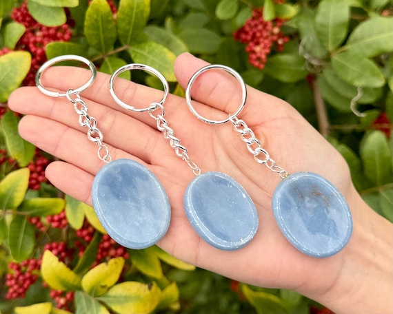 Angelite Worry Stone Keychains - Polished Gemstone Keyrings