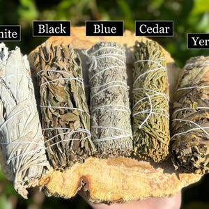 May include: Five bundles of dried herbs for smudging, tied with white string. The bundles are labeled "White", "Black", "Blue", "Cedar", and "Yerba".