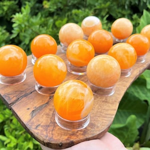 Orange Calcite Crystal Sphere with Stand, Large 1.75 -  2&quot; Sphere (&#39;AAA&#39; Grade Orange Calcite Sphere, Polished Orange Calcite Crystal)